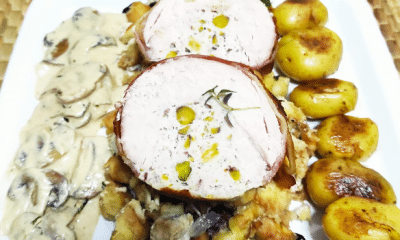 Ένα πιάτο, πανδαισία γεύσεων - Γαλοπούλα ρολό τυλιγμένη με μπέικον, γεμιστή με φιστίκια Αιγίνης και σάλτσα μανιταριών